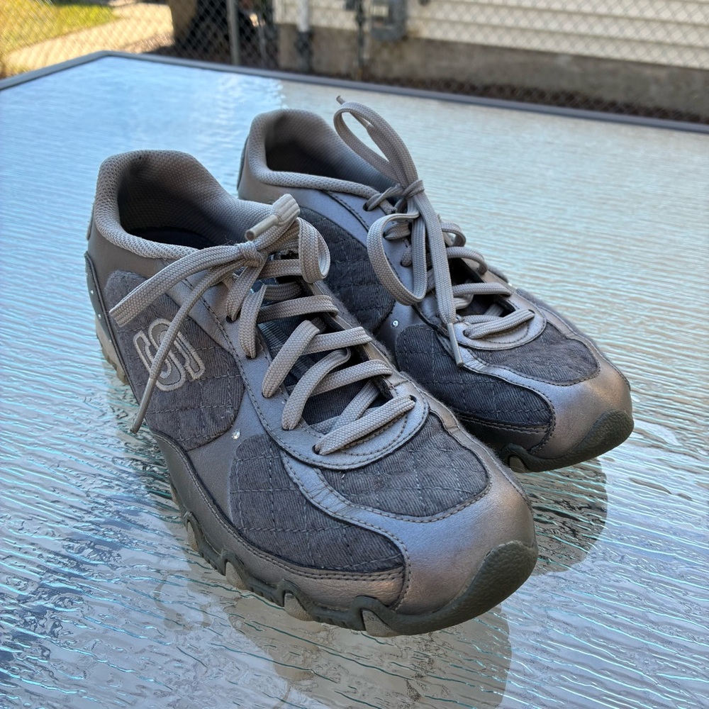 Skechers Bling 21375 Canvas & Leather Light Walking Sneaker Shoes Blue & Gray